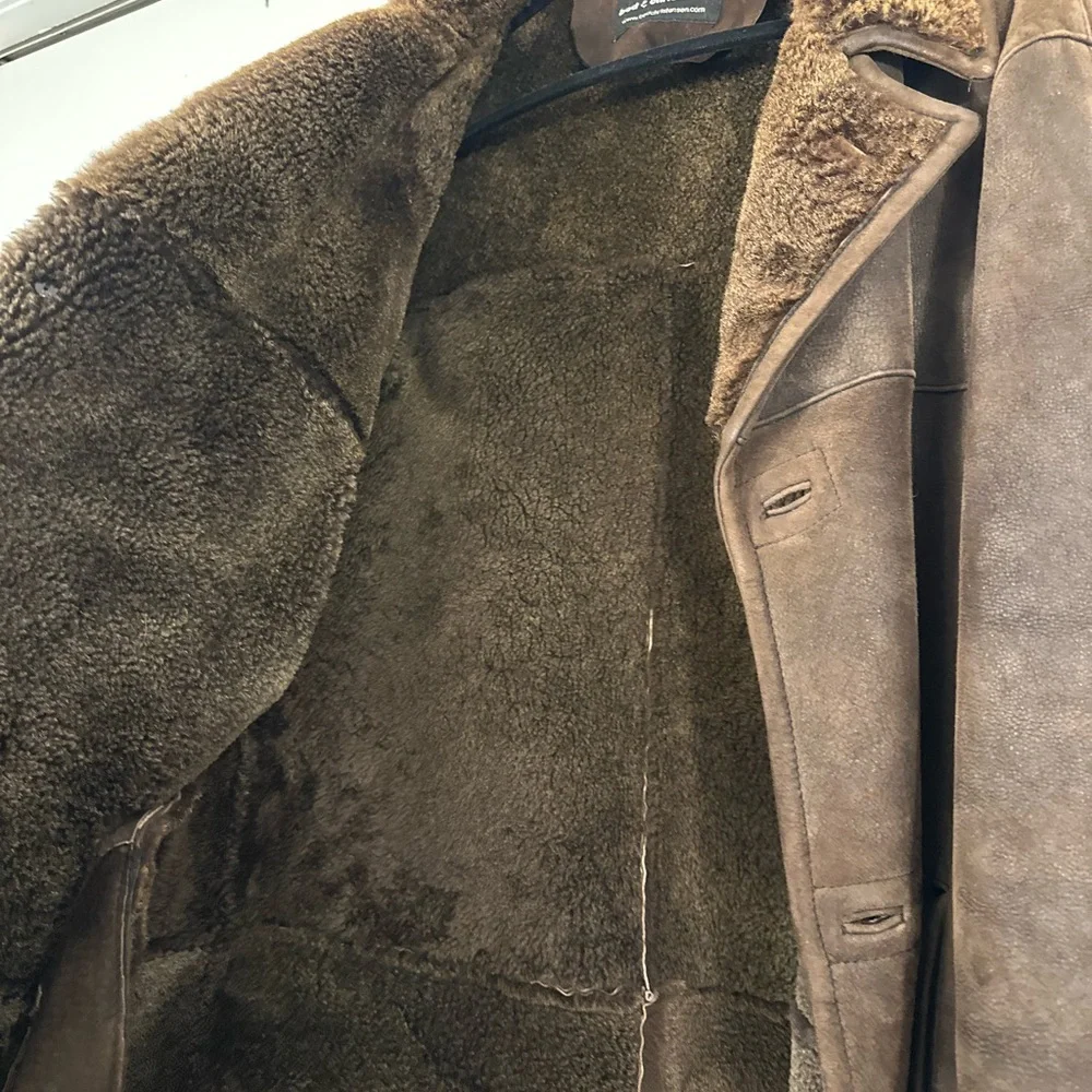 Men's Brown Shearling Pea Coat - Picture 5 of 9